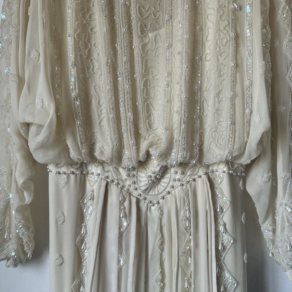 1980s Edwardian Style Heavily Beaded Lillie Ruben Silk Wedding Formal Gown Small - Picture 6 of 16